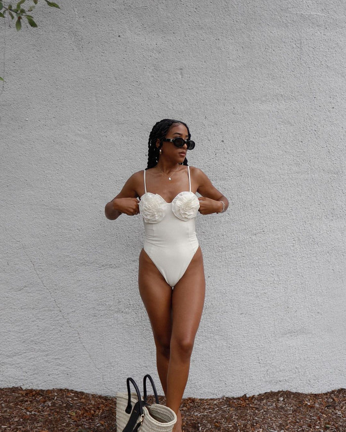 Olive Silk Swimsuit  - White