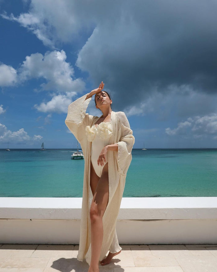 Olive Silk Swimsuit  - White