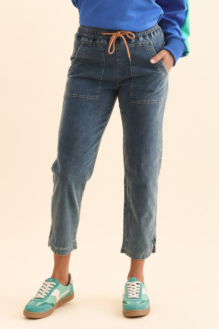 Orbe Dark Blue Denim Drawstring Jeans,Brunette model,alt text|model:Brontie