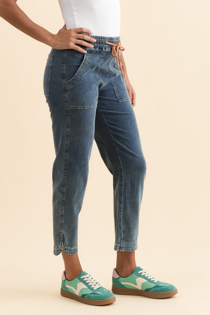 Orbe Dark Blue Denim Drawstring Jeans,Brunette model,alt text|model:Brontie
