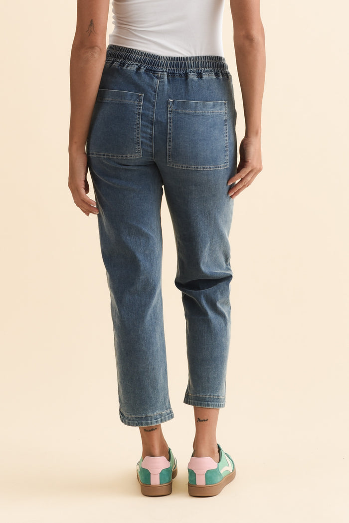 Orbe Dark Blue Denim Drawstring Jeans,Brunette model,alt text|model:Brontie
