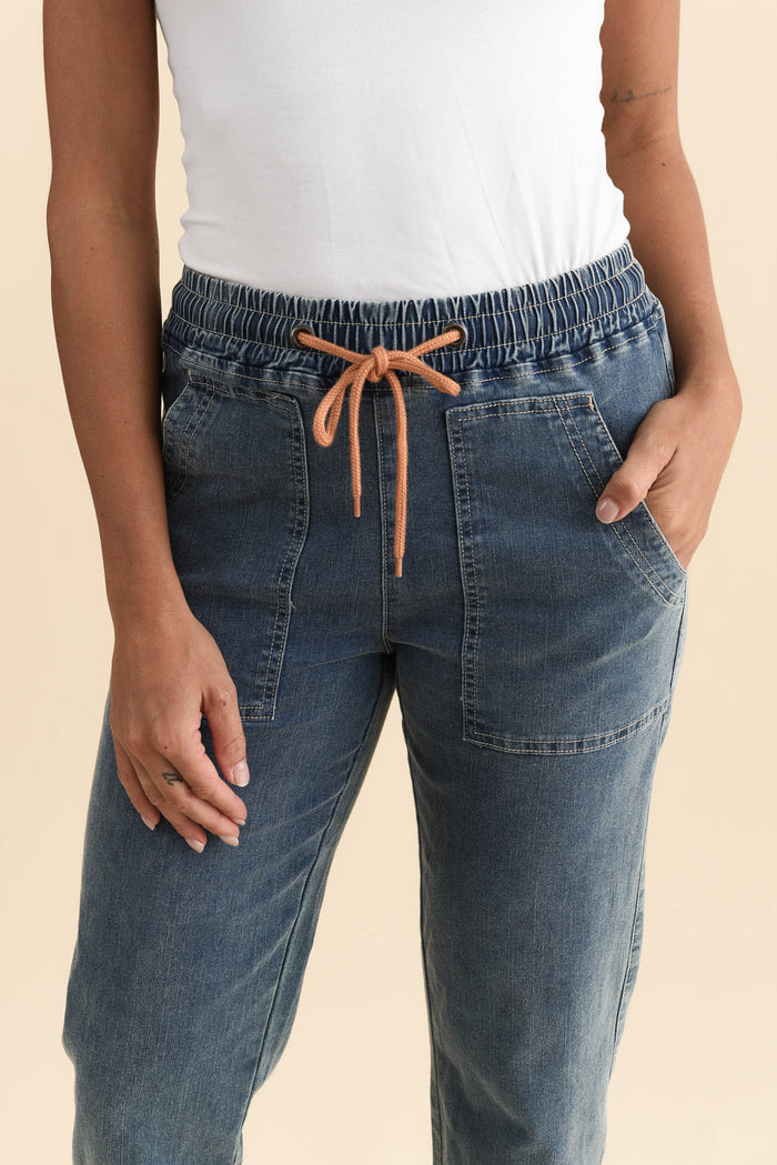 Orbe Dark Blue Denim Drawstring Jeans,Brunette model,alt text|model:Brontie