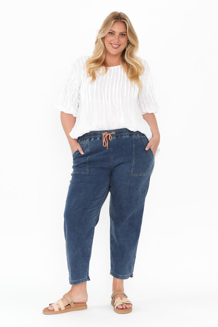 Orbe Dark Blue Denim Drawstring Jeans,Blonde model,alt text|model:Caitlin