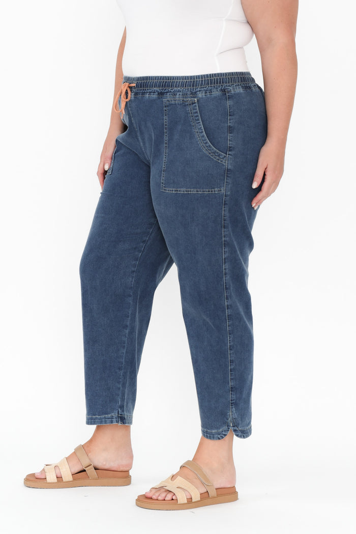 Orbe Dark Blue Denim Drawstring Jeans,Blonde model,alt text|model:Caitlin