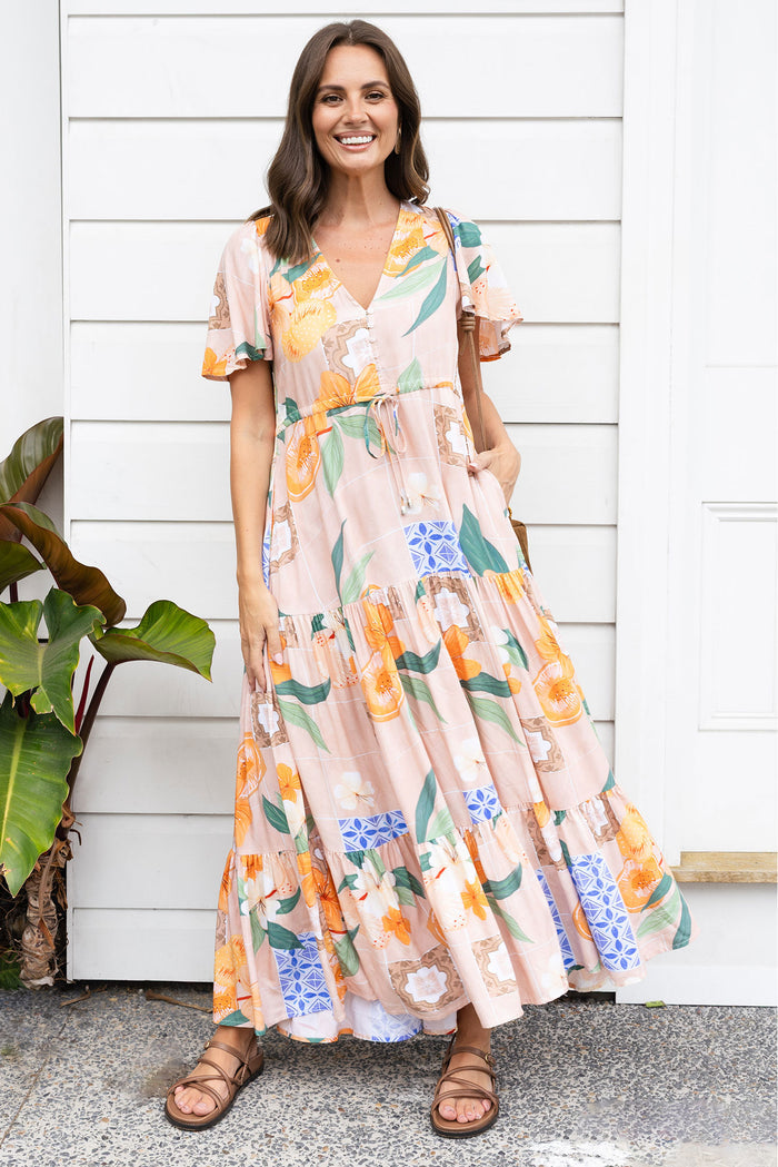 Orson Apricot Floral Tier Dress,Lifestyle