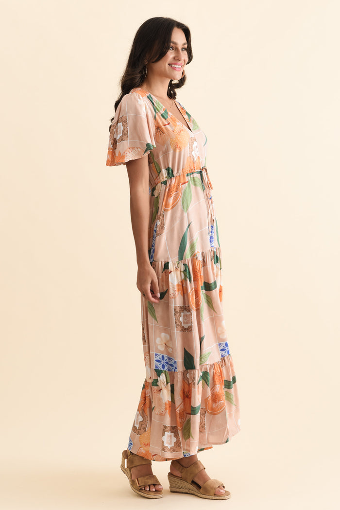 Orson Apricot Floral Tier Dress,Brunette model,alt text|model:Brontie
