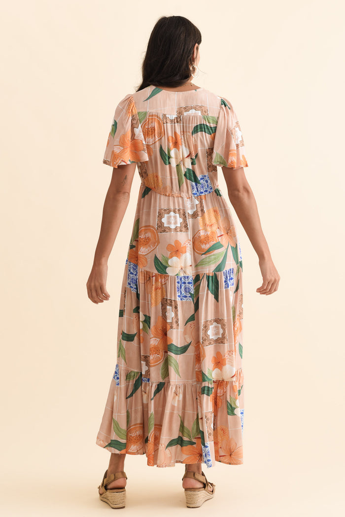Orson Apricot Floral Tier Dress,Brunette model,alt text|model:Brontie