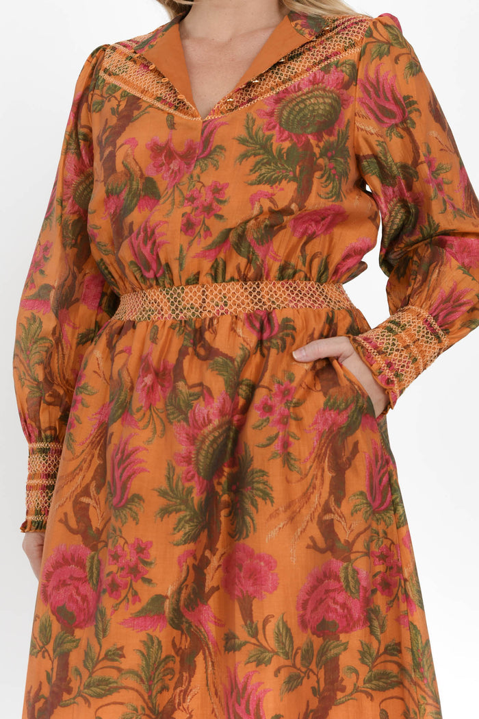 Panama Orange Floral Button Dress,alt text|model:Brookel