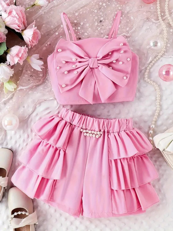 Pearl Bow Top and Ruffle Short Set