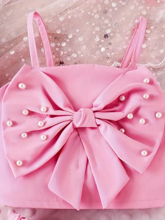Pearl Bow Top and Ruffle Short Set