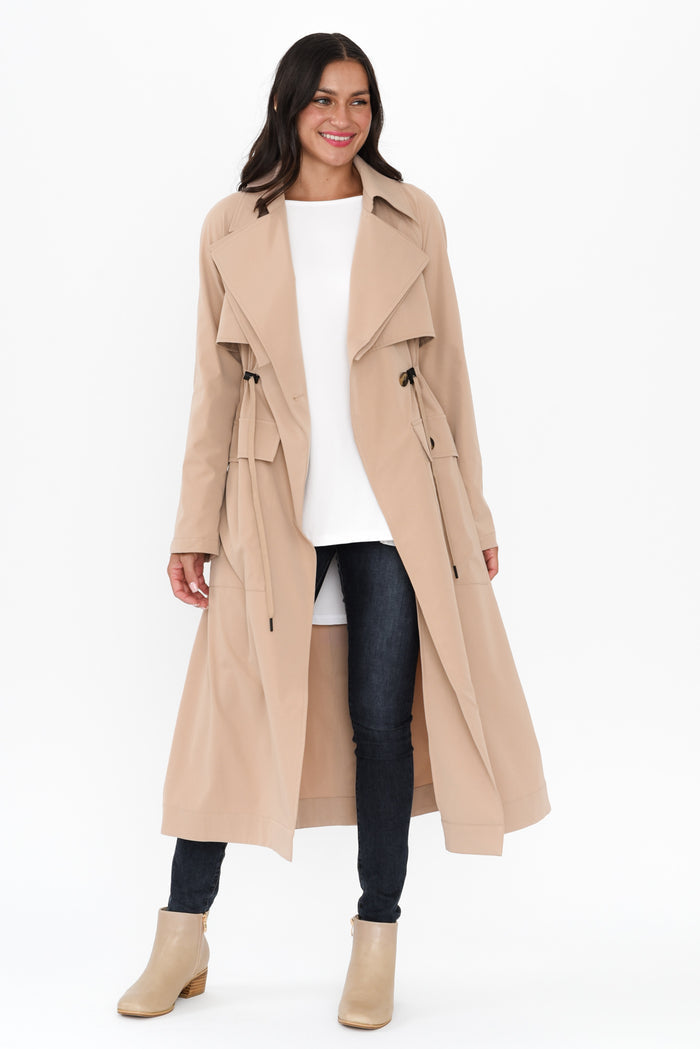 Parker Beige Tie Coat,Brunette model,alt text|model:Brontie