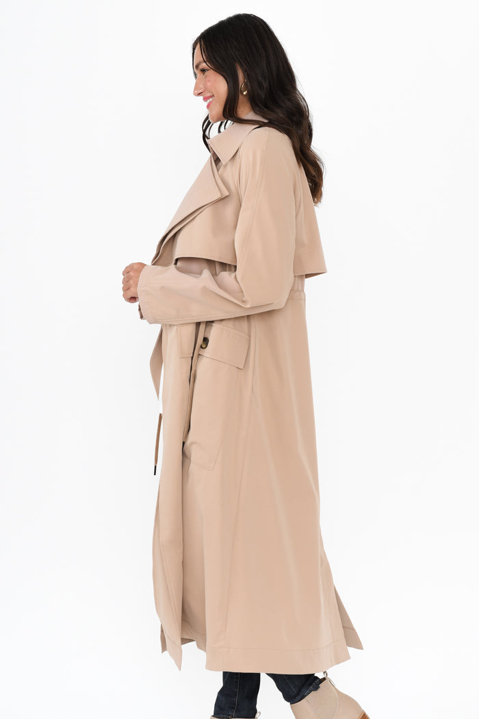 Parker Beige Tie Coat,Brunette model,alt text|model:Brontie