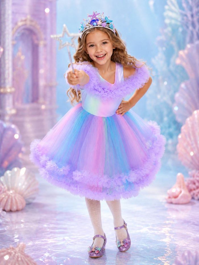 Pastel unicorn princess costume for girls featuring a shimmering tulle dress.