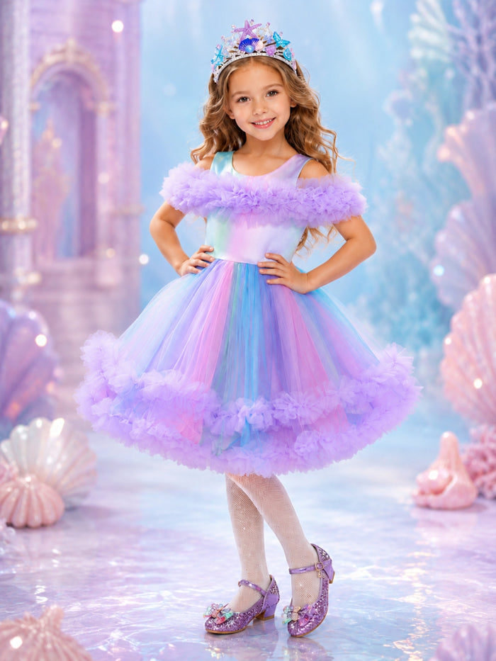 Girls unicorn princess Halloween costume with fluffy lavender ruffle details.