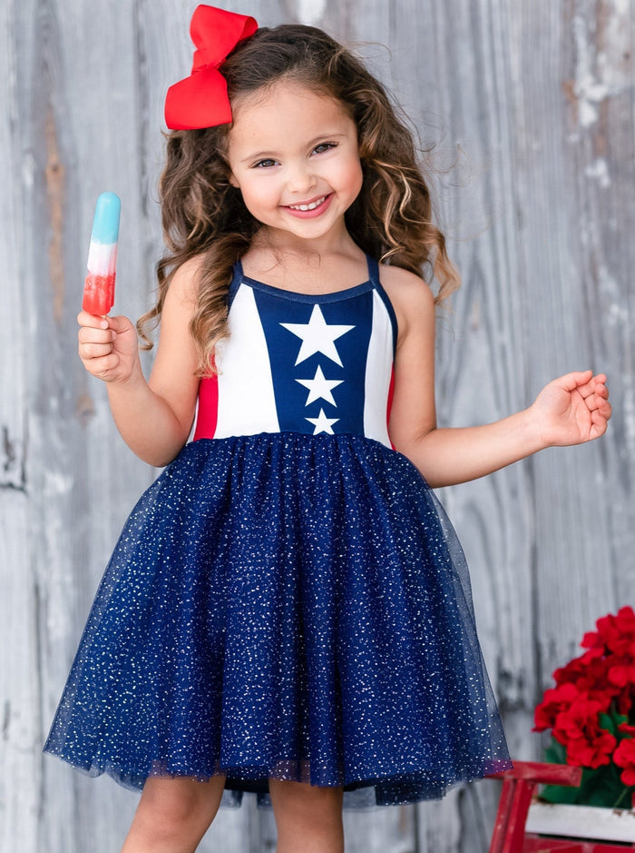 Mia Belle Girls Star Glitter Tulle Tutu Dress | 4th of July Dresses