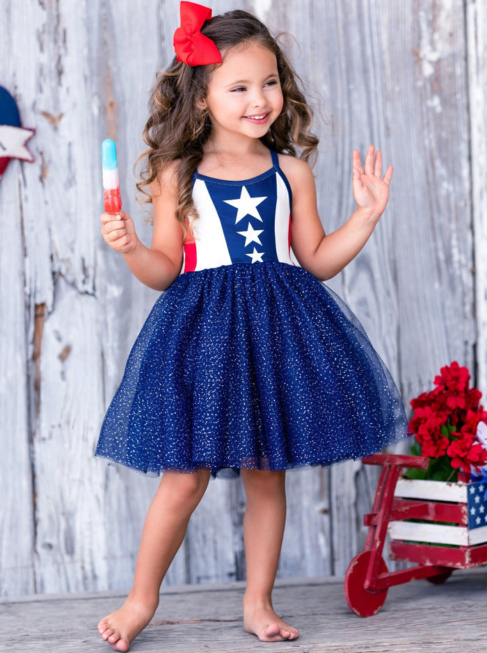Mia Belle Girls Star Glitter Tulle Tutu Dress | 4th of July Dresses