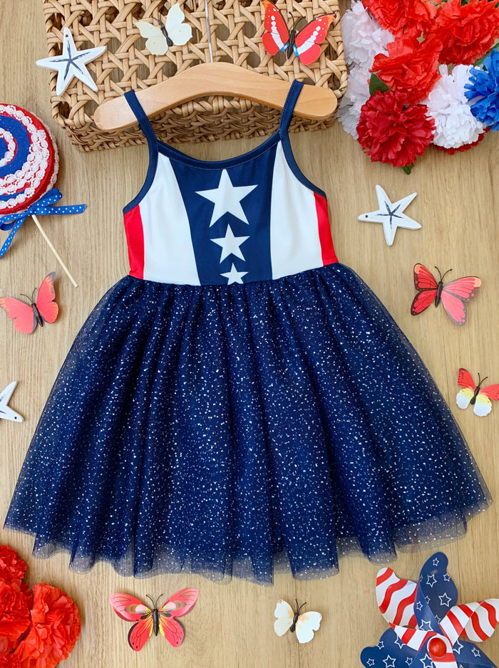 Mia Belle Girls Star Glitter Tulle Tutu Dress | 4th of July Dresses