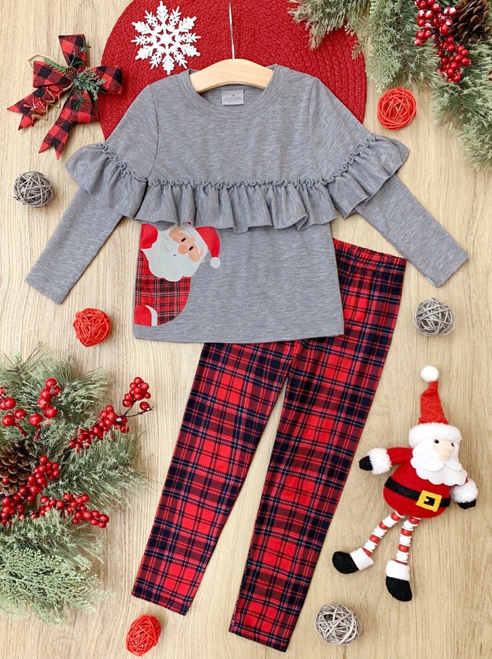 Girls Winter Casual Set | Cute Peekaboo Santa Top & Plaid Legging Set