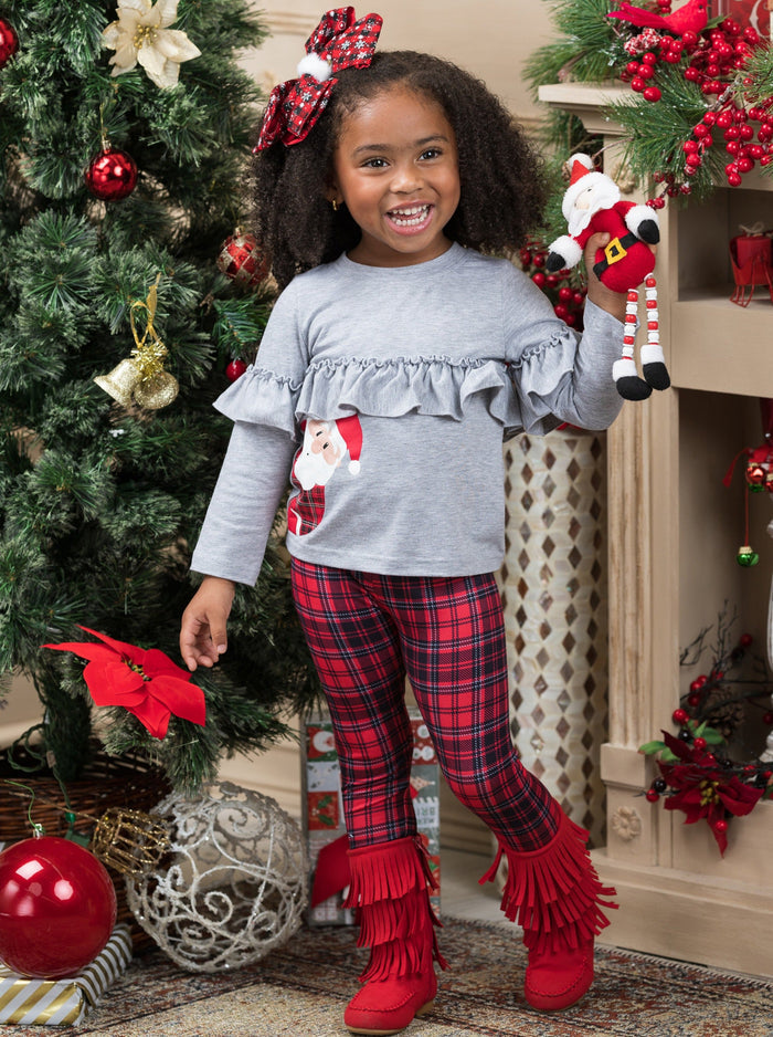 Girls Winter Casual Set | Cute Peekaboo Santa Top & Plaid Legging Set