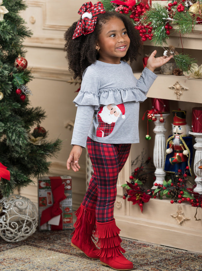Girls Winter Casual Set | Cute Peekaboo Santa Top & Plaid Legging Set