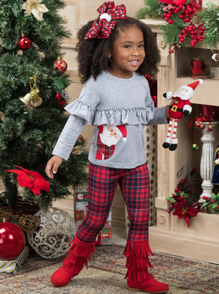 Girls Winter Casual Set | Cute Peekaboo Santa Top & Plaid Legging Set