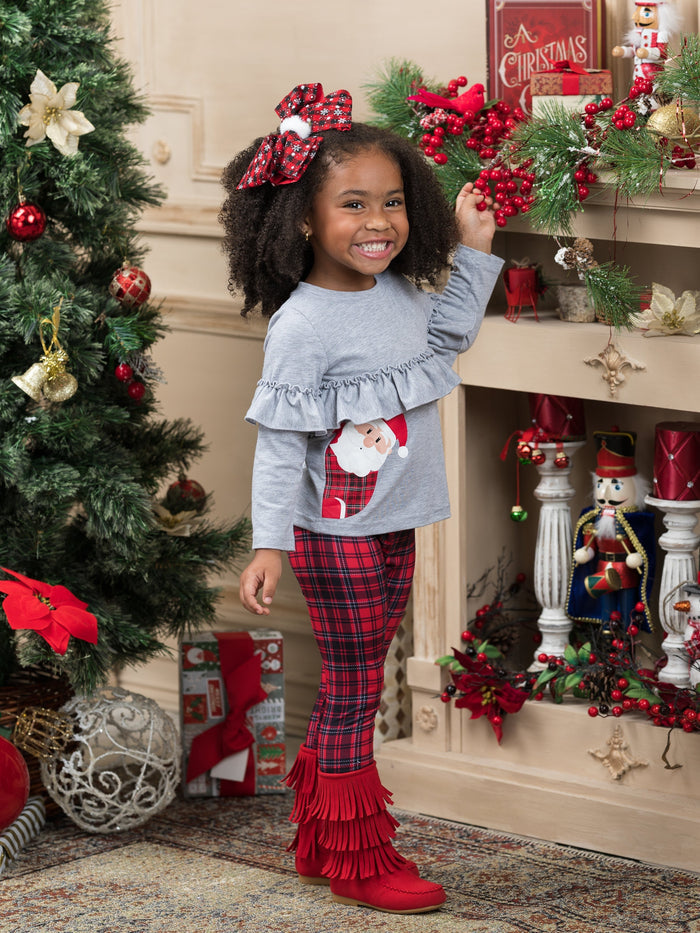 Girls Winter Casual Set | Cute Peekaboo Santa Top & Plaid Legging Set