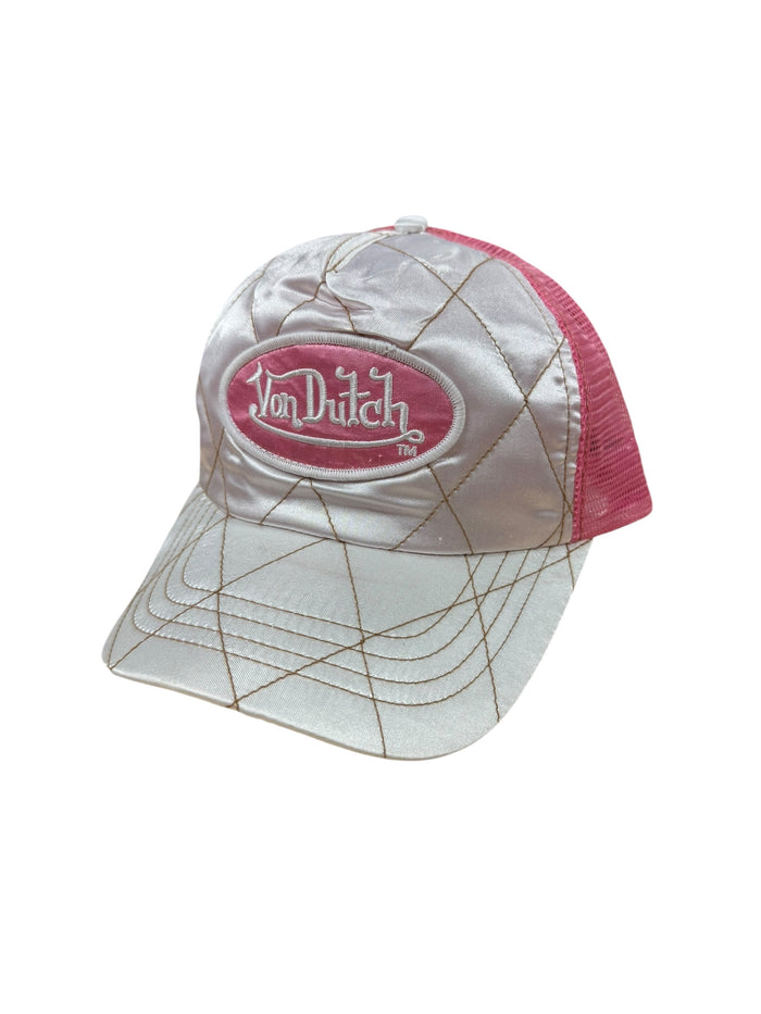 Pink and white satin Von Dutch hat DEADSTOCK