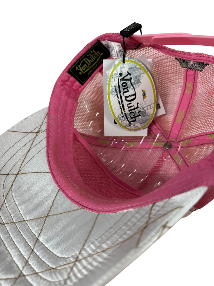 Pink and white satin Von Dutch hat DEADSTOCK