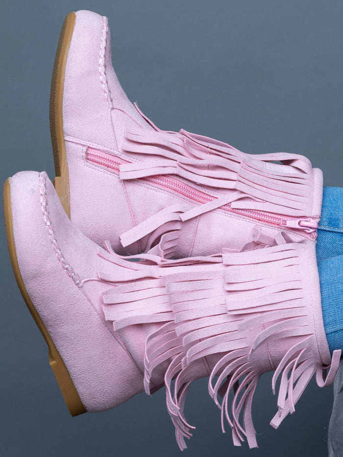 Girls Pink Suede Tiered Fringe Boots By Liv and Mia