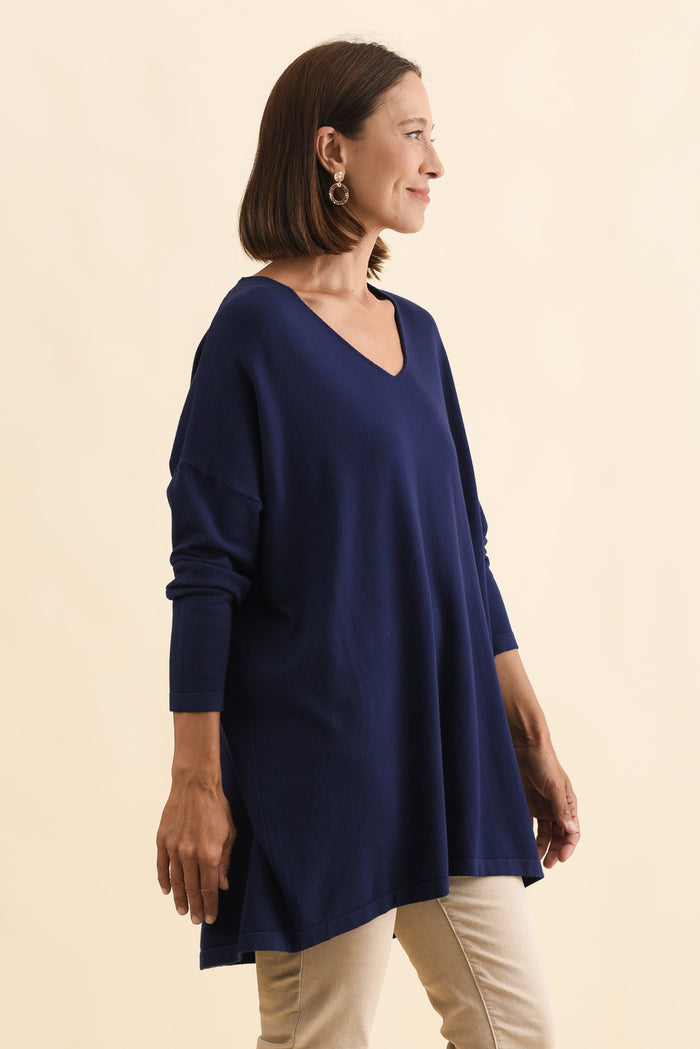 Piper Navy V Neck Knit Jumper,Brunette model,alt text|model:Cara