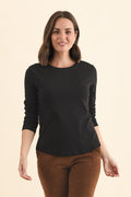 Porter Black Cotton Long Sleeve Top,Brunette model,alt text|model:MJ