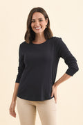 Porter Navy Cotton Long Sleeve Top,Brunette model,alt text|model:MJ