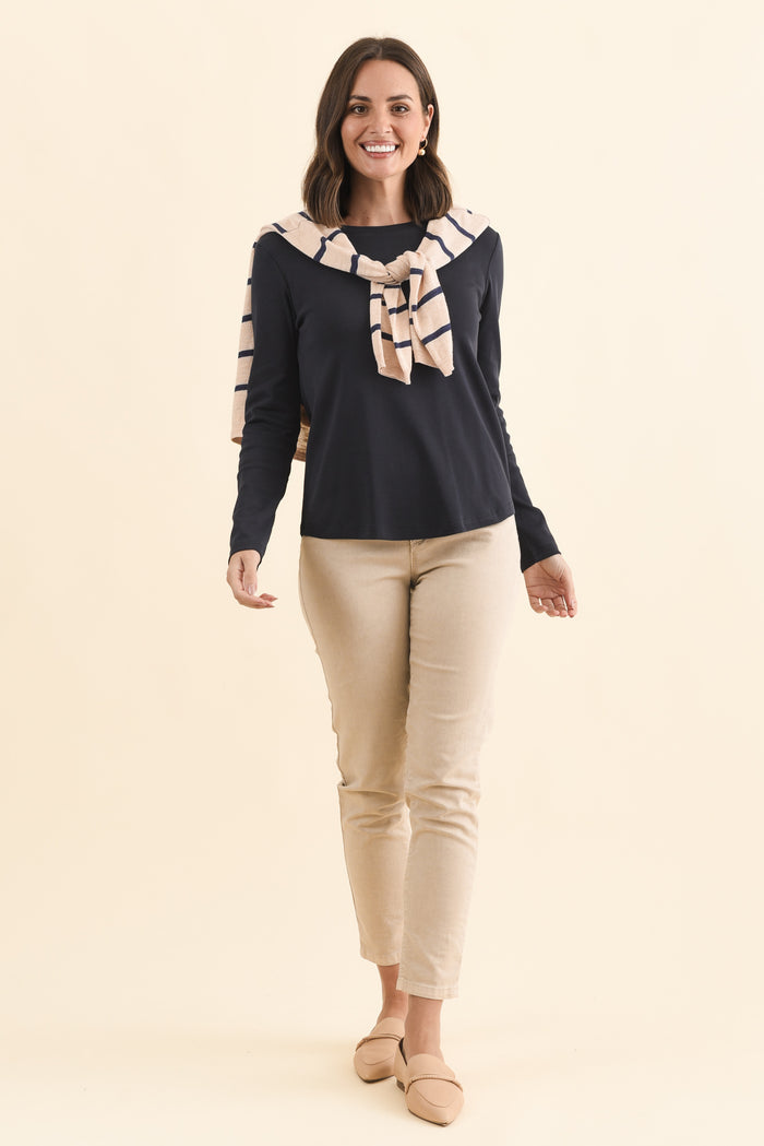Porter Navy Cotton Long Sleeve Top,Brunette model,alt text|model:MJ