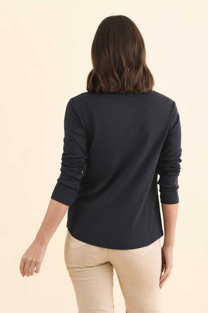 Porter Navy Cotton Long Sleeve Top,Brunette model,alt text|model:MJ