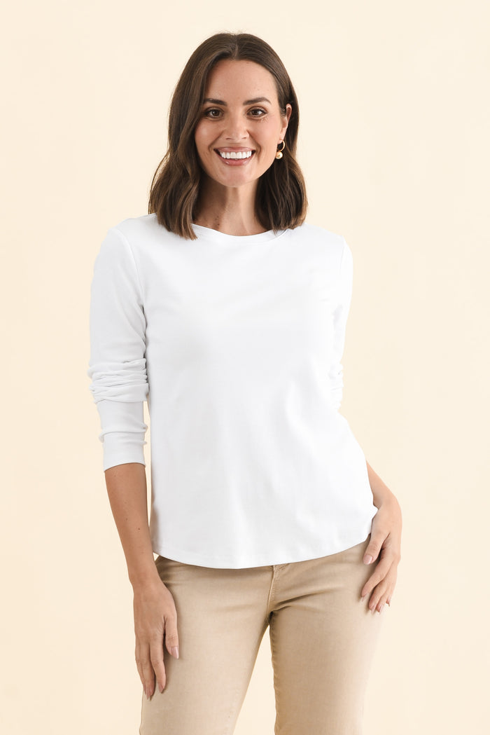 Porter White Cotton Long Sleeve Top,Brunette model,alt text|model:MJ