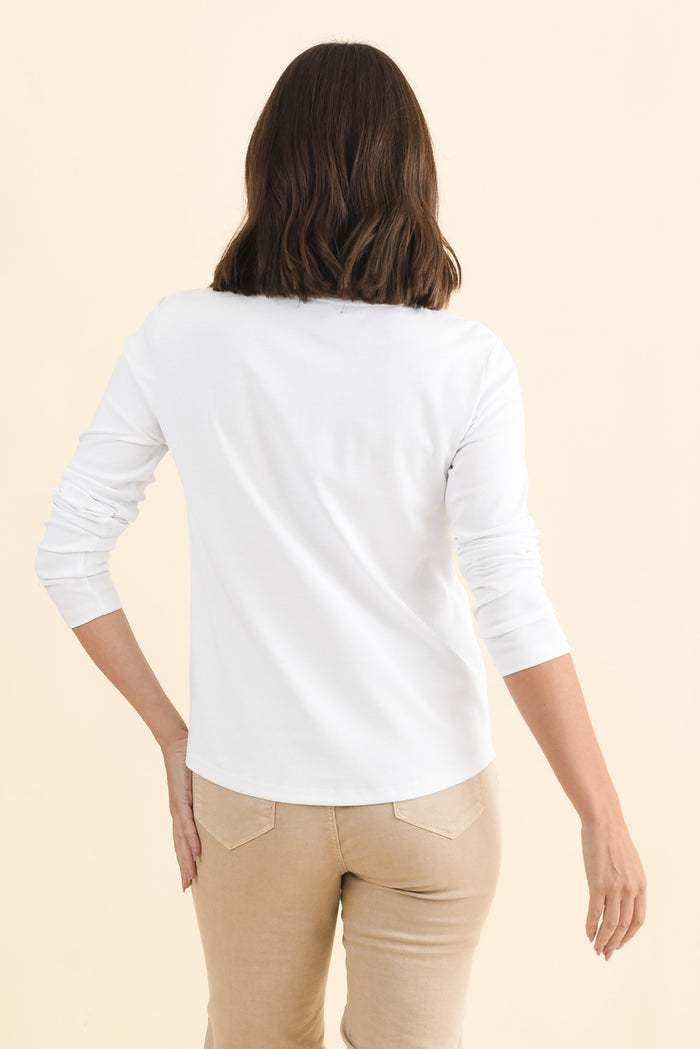 Porter White Cotton Long Sleeve Top,Brunette model,alt text|model:MJ