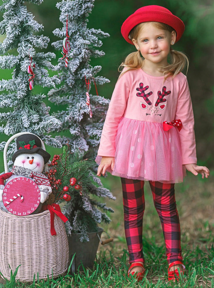 Girls Winter Casual Set | Reindeer Polka Dot Tutu Tunic & Legging Set