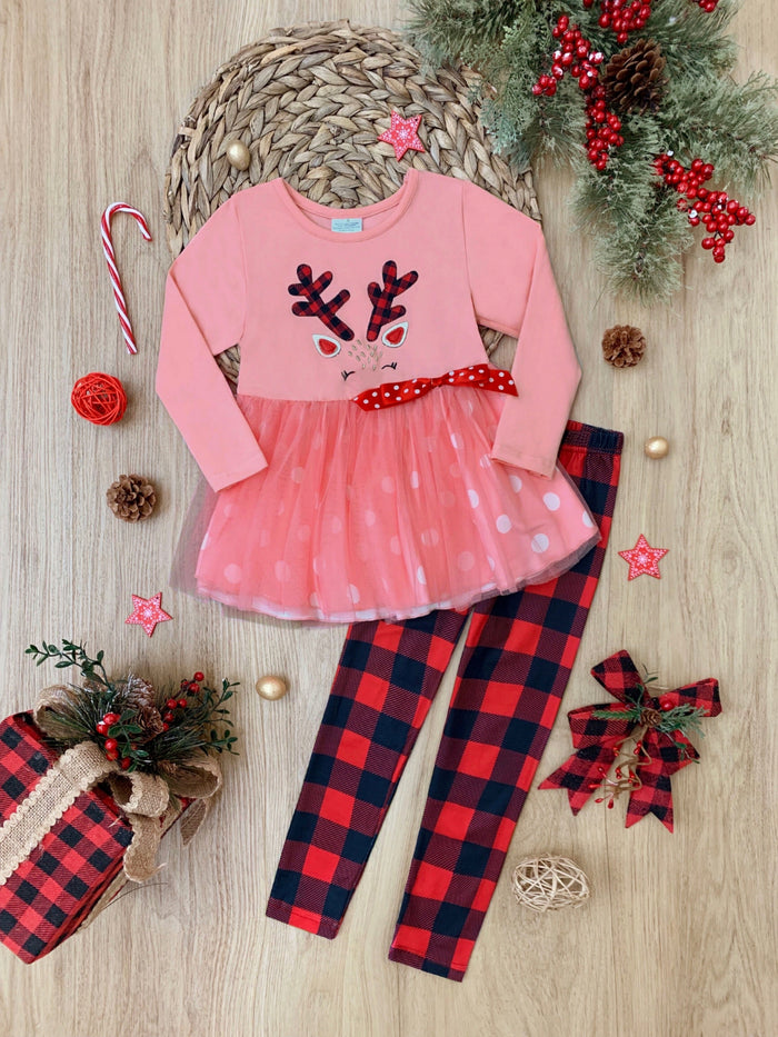 Girls Winter Casual Set | Reindeer Polka Dot Tutu Tunic & Legging Set