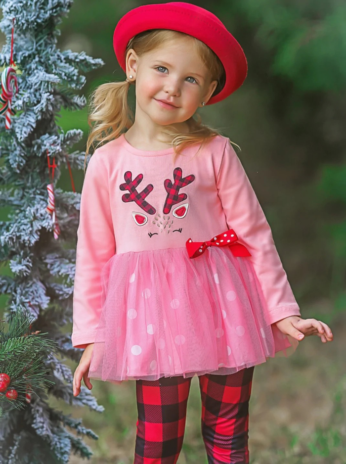 Girls Winter Casual Set | Reindeer Polka Dot Tutu Tunic & Legging Set