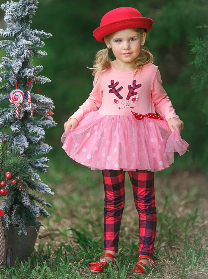 Girls Winter Casual Set | Reindeer Polka Dot Tutu Tunic & Legging Set