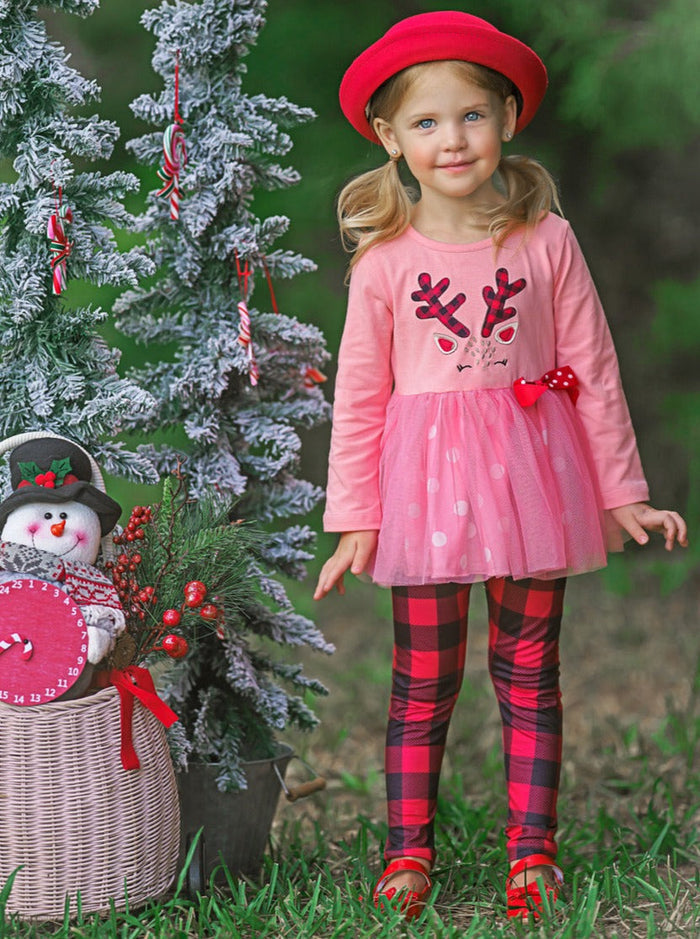 Girls Winter Casual Set | Reindeer Polka Dot Tutu Tunic & Legging Set