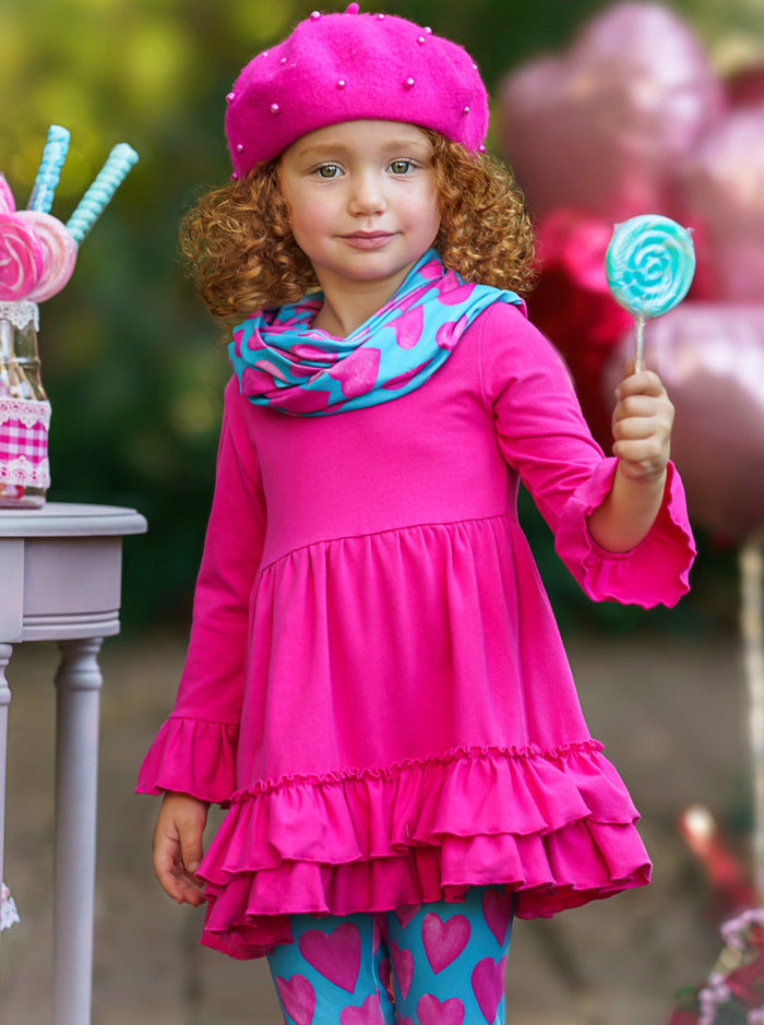 Kids Valentine's Clothes | Tunic, Heart Print Scarf & Legging Set