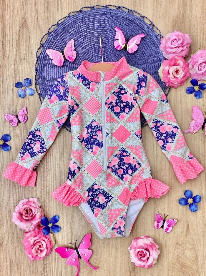 Girls Floral Patchwork One Piece Swimsuit | Mia Belle Girls Swimwear