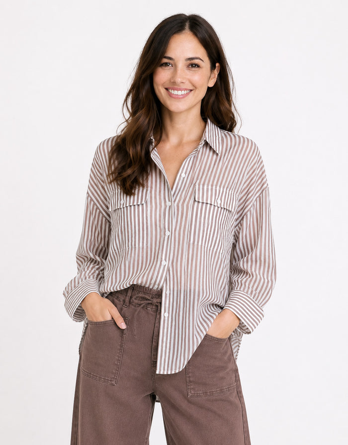 Preppy Pocket Front Shirt - Chocolate Stripe
