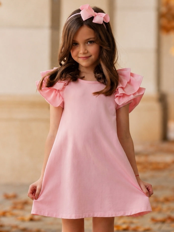 Girls pink flutter sleeve dress with relaxed fit.
