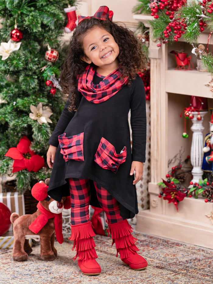Winter Casual Sets | Plaid Slouch Pocket Tunic, Leggings & Scarf Set