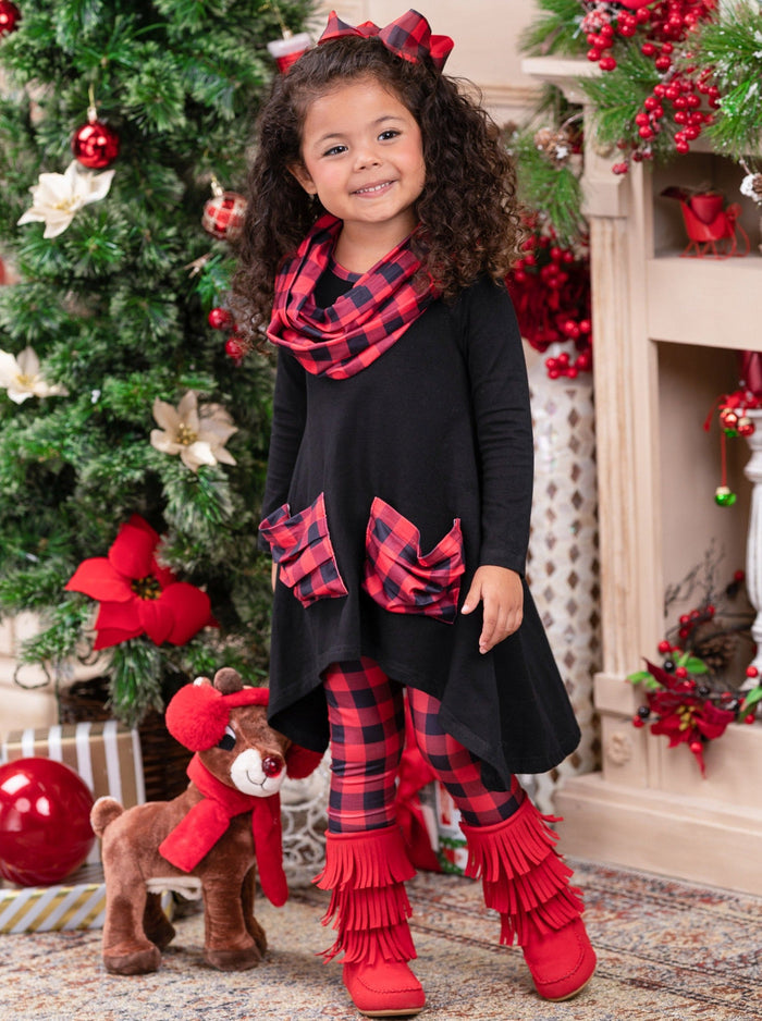 Winter Casual Sets | Plaid Slouch Pocket Tunic, Leggings & Scarf Set