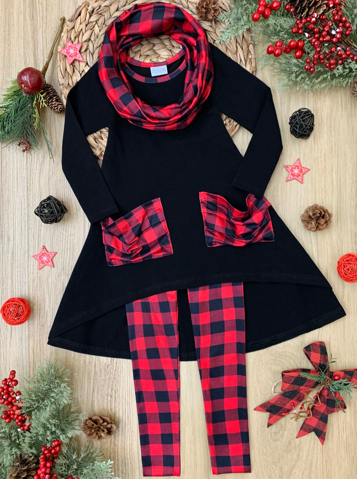 Winter Casual Sets | Plaid Slouch Pocket Tunic, Leggings & Scarf Set