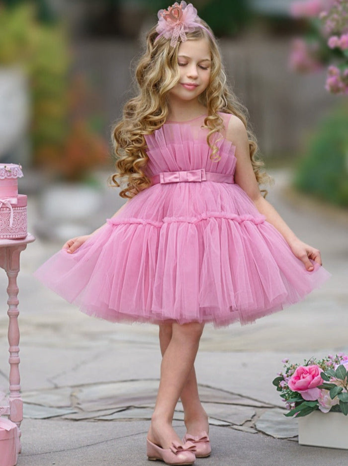 Girls  dress features a sleeveless layered tulle bodice and skirt with a belted waistline - Spring Dressy Dress