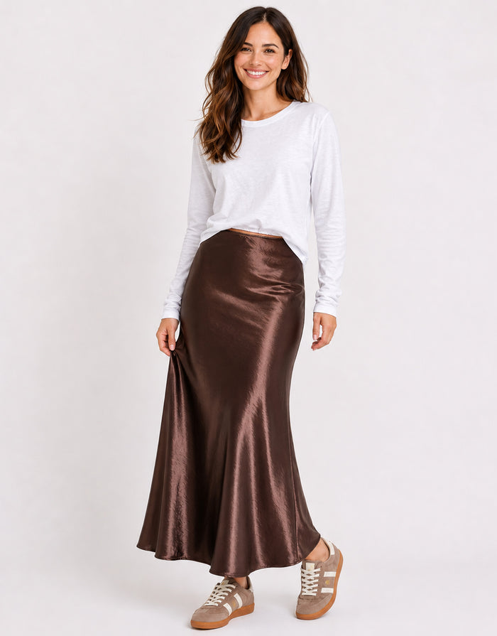 Prodigy Satin Bias Cut Maxi Skirt - Chocolate